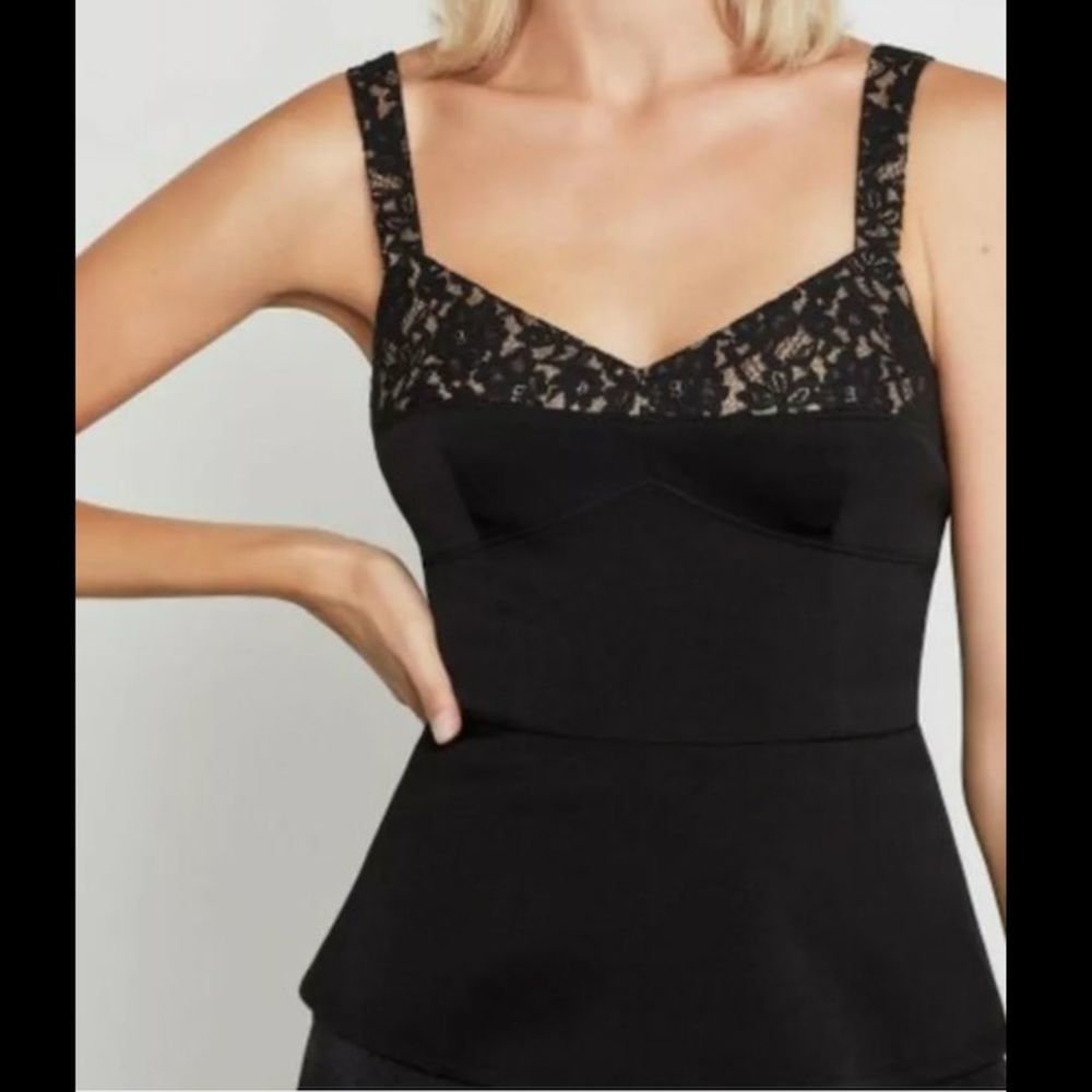 BCBG Max Azria Lace Corset Tank Top Shirt Cami Black Tan Back Zip Fitted | Sz M